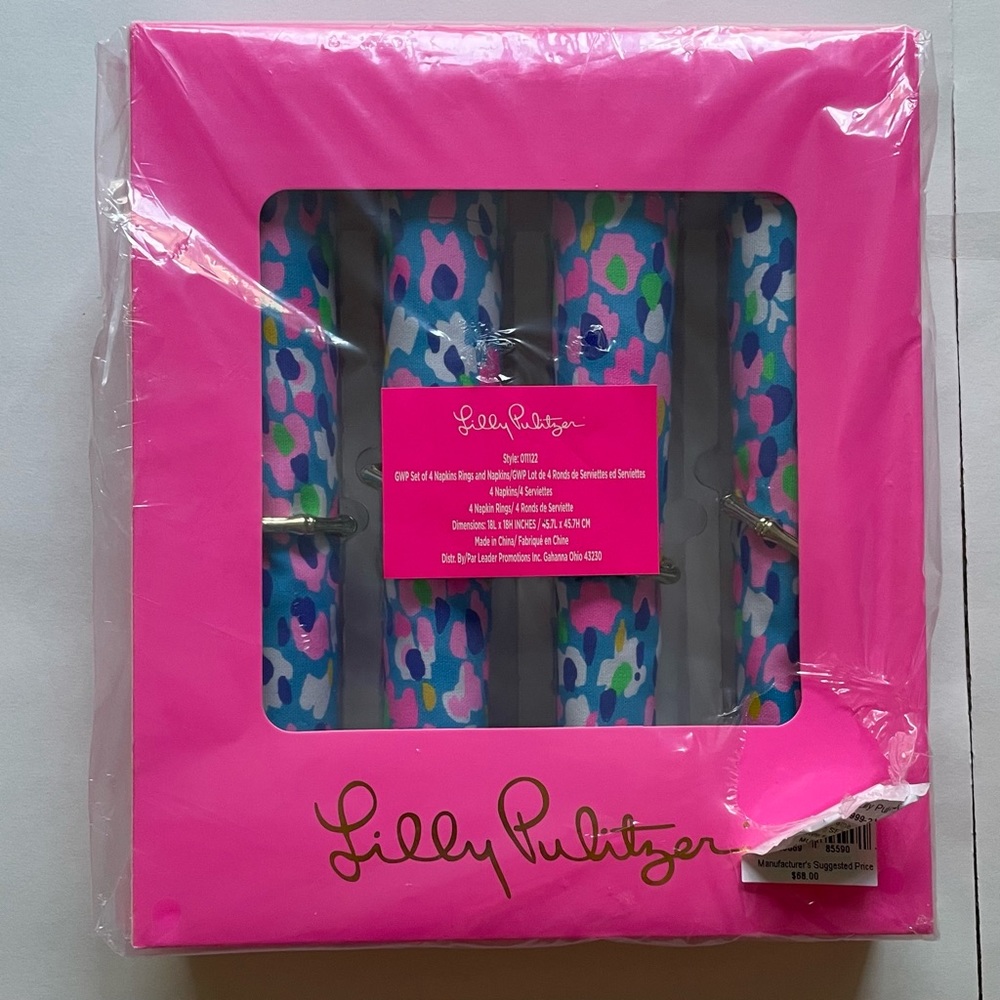 New Lilly Pulitzer Set of 4 Napkins & Rings Multi Hottie Dottie Holiday Party